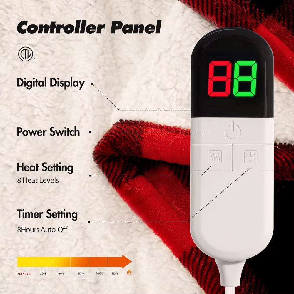 Electric Heated Christmas Throw Blanket with 8 Heat Levels, Auto off & Overheat Protection, Washable Red Plush