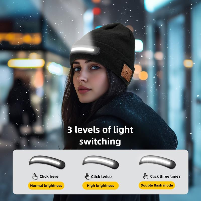 Bluetooth LED Woolen Hat – USB Rechargeable Unisex Winter Hat with Lights for Men, Women & Teens, Perfect Christmas & Birthday Gift, Stocking Stuffer – Black Usb-C Fast Charging