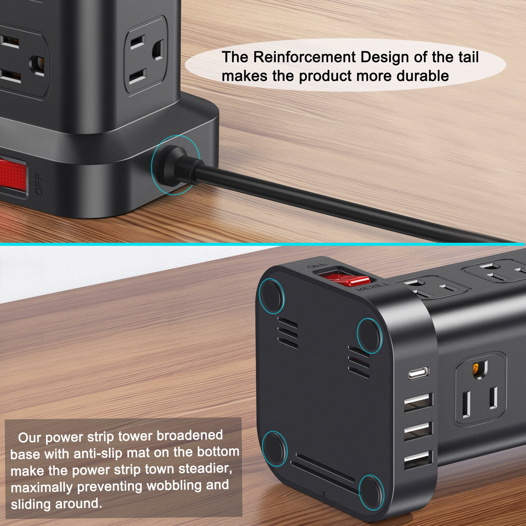 Power Strip Tower 12 Outlets with 4 USB Ports Surge Protector Electric Charging Station 6.5Ft Cord, Black