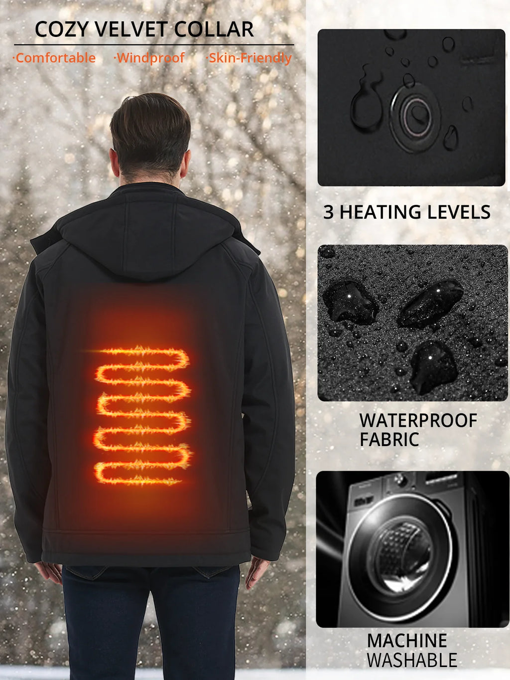 Heated Jacket for Men, Battery Powered Winter Outdoor Coat with Removable Hood Black L