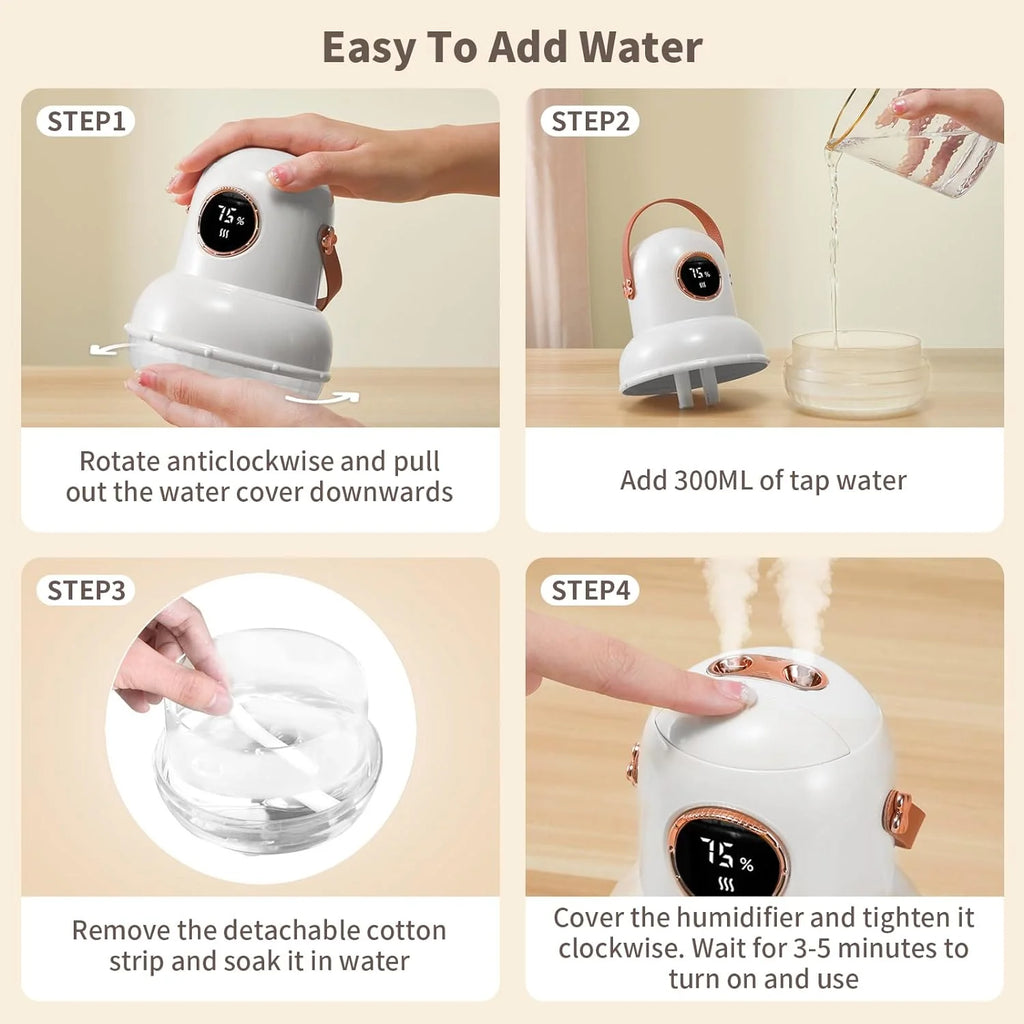 Cool Mist Humidifier with Night Light,Portable Mini Air Humidifier with LED Screen,Ultra-Quiet Wireless Humidifier Three Spray Modes for Baby Kids Bedroom Home Office Car Desk (White)