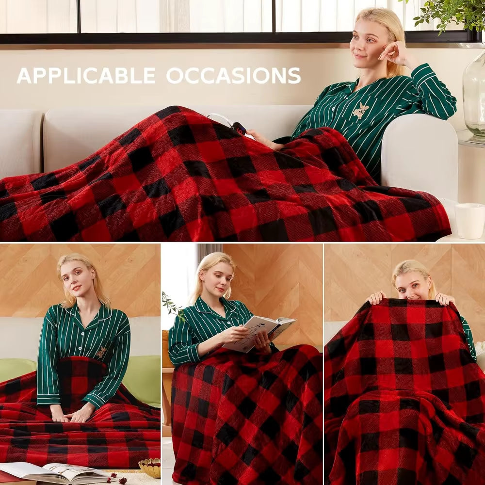 Electric Heated Christmas Throw Blanket with 8 Heat Levels, Auto off & Overheat Protection, Washable Red Plush