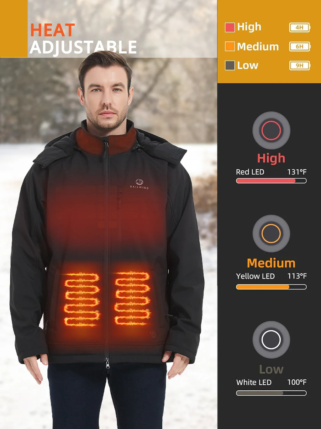 Heated Jacket for Men, Battery Powered Winter Outdoor Coat with Removable Hood Black L